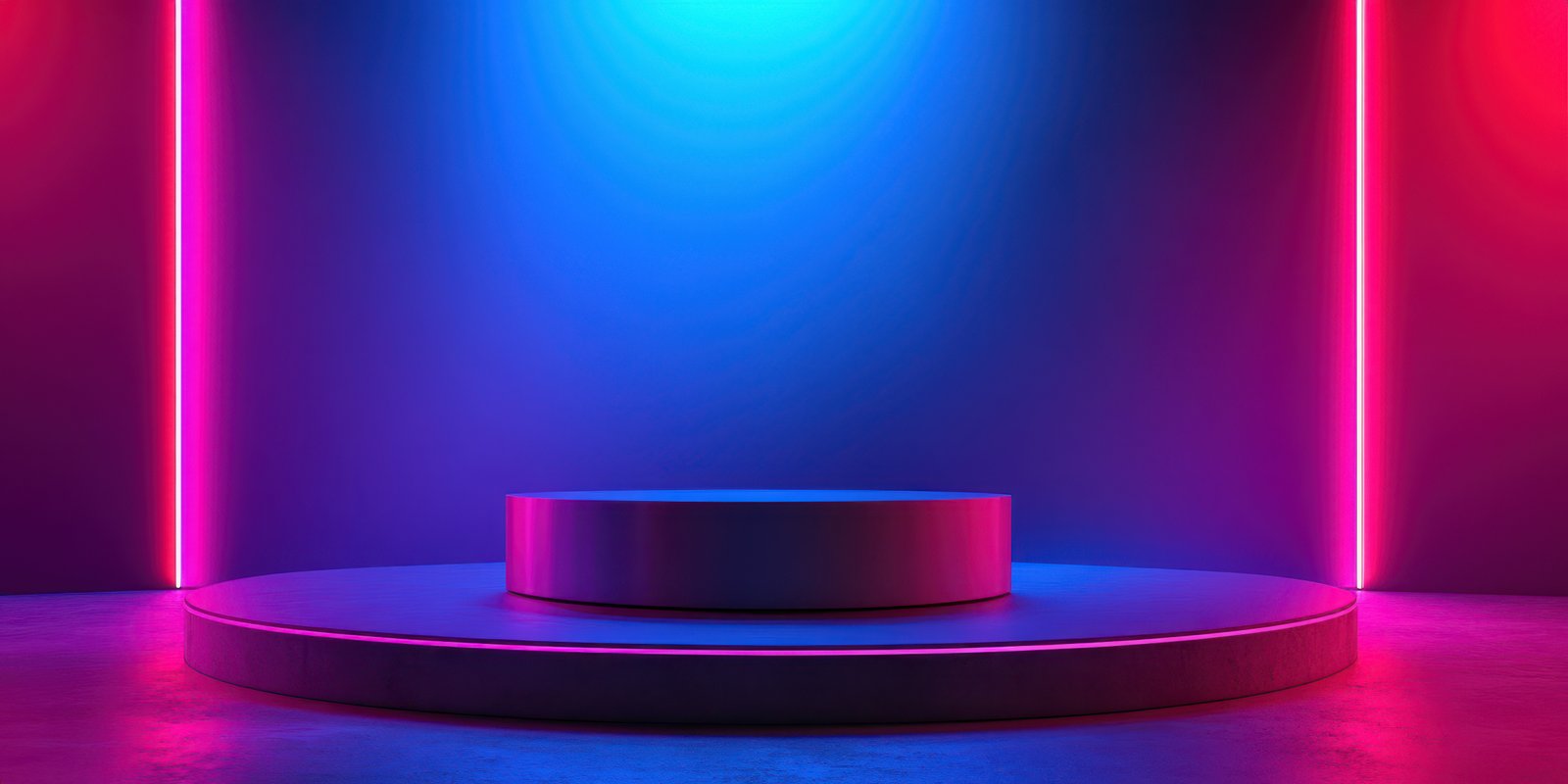 Brightly lit stage with vibrant pink and blue lighting suitable for performances and events